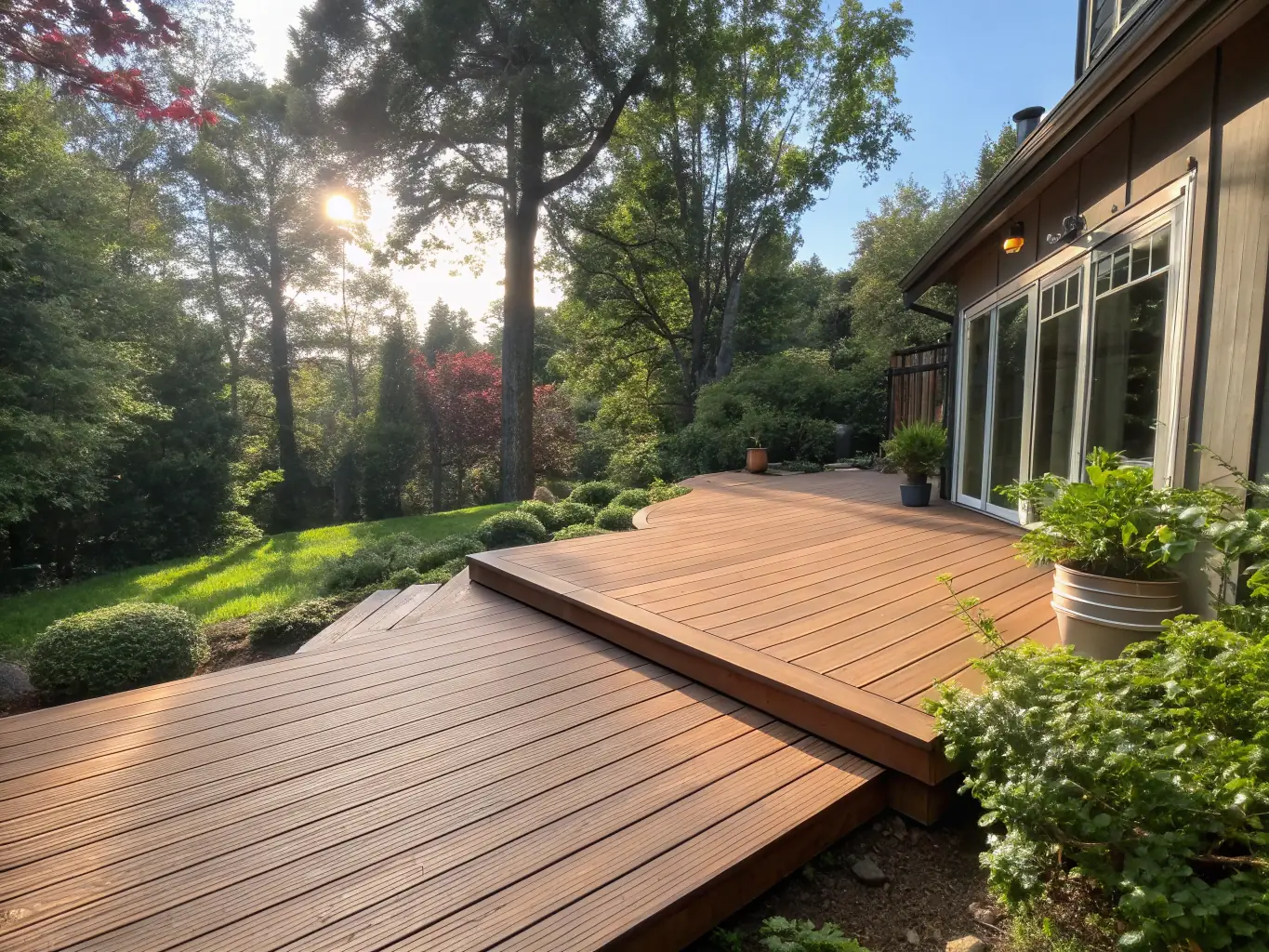 A modern composite deck featuring clean lines, sleek railings, and integrated lighting, creating a stylish and low-maintenance outdoor area.